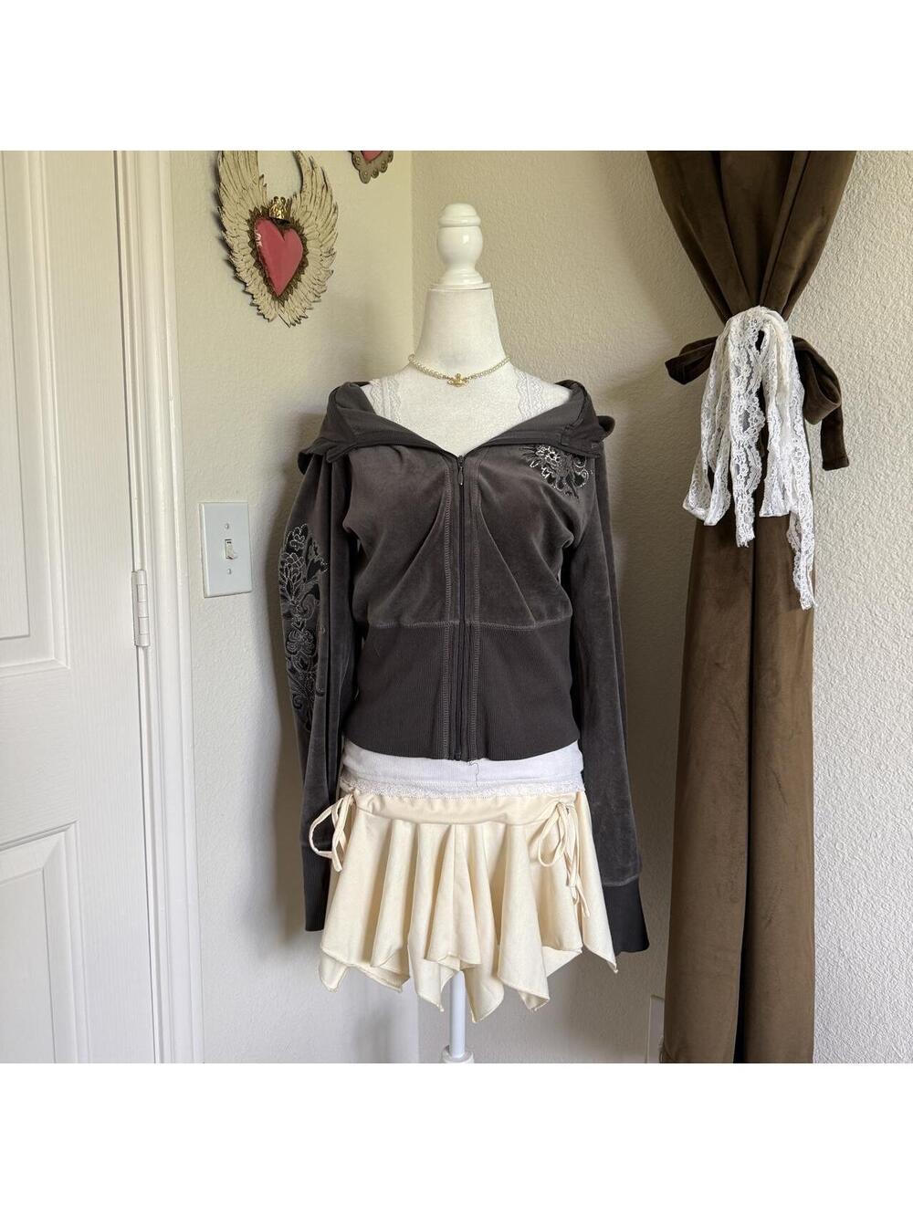 Y2K Cynthia Rowley Velour Velvet Beaded Floral Zip-Up Hoodie